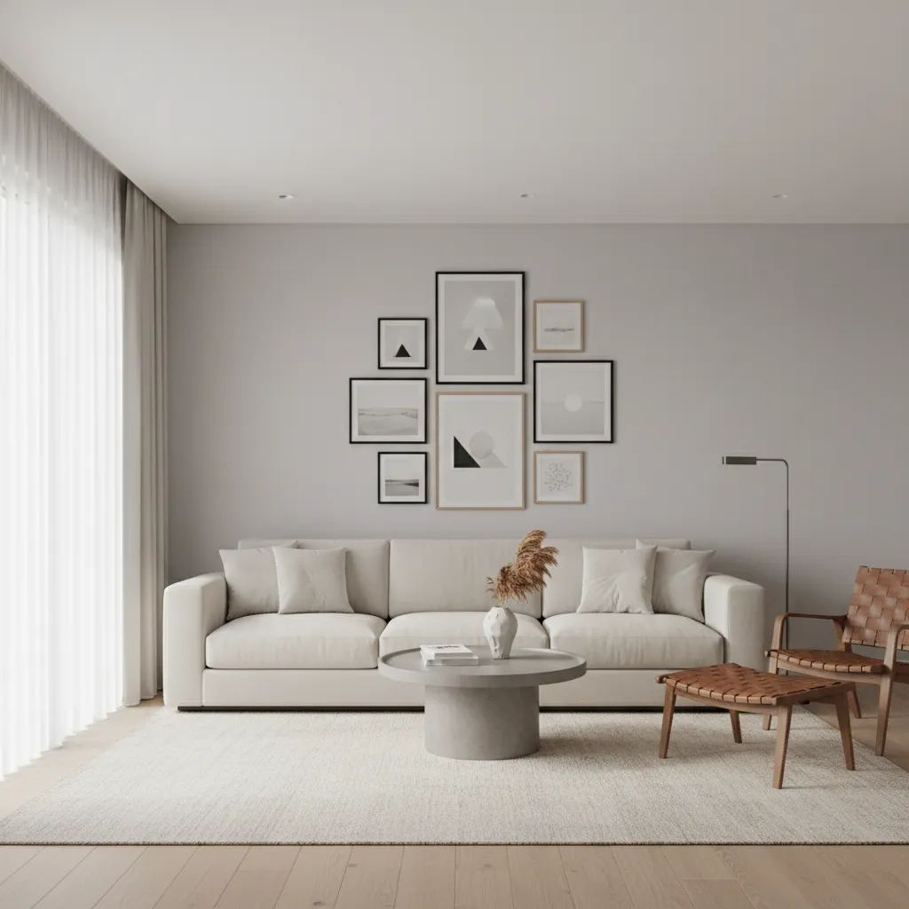 Gallery wall with balanced spacing and negative space above a sofa
