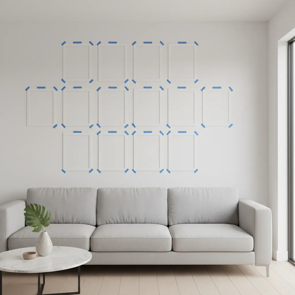 paper templates taped on wall planning same size picture frame layout