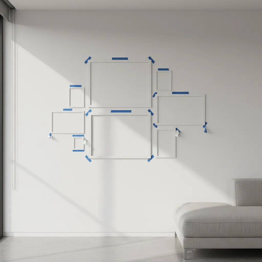 paper templates taped on wall mapping picture frame layout