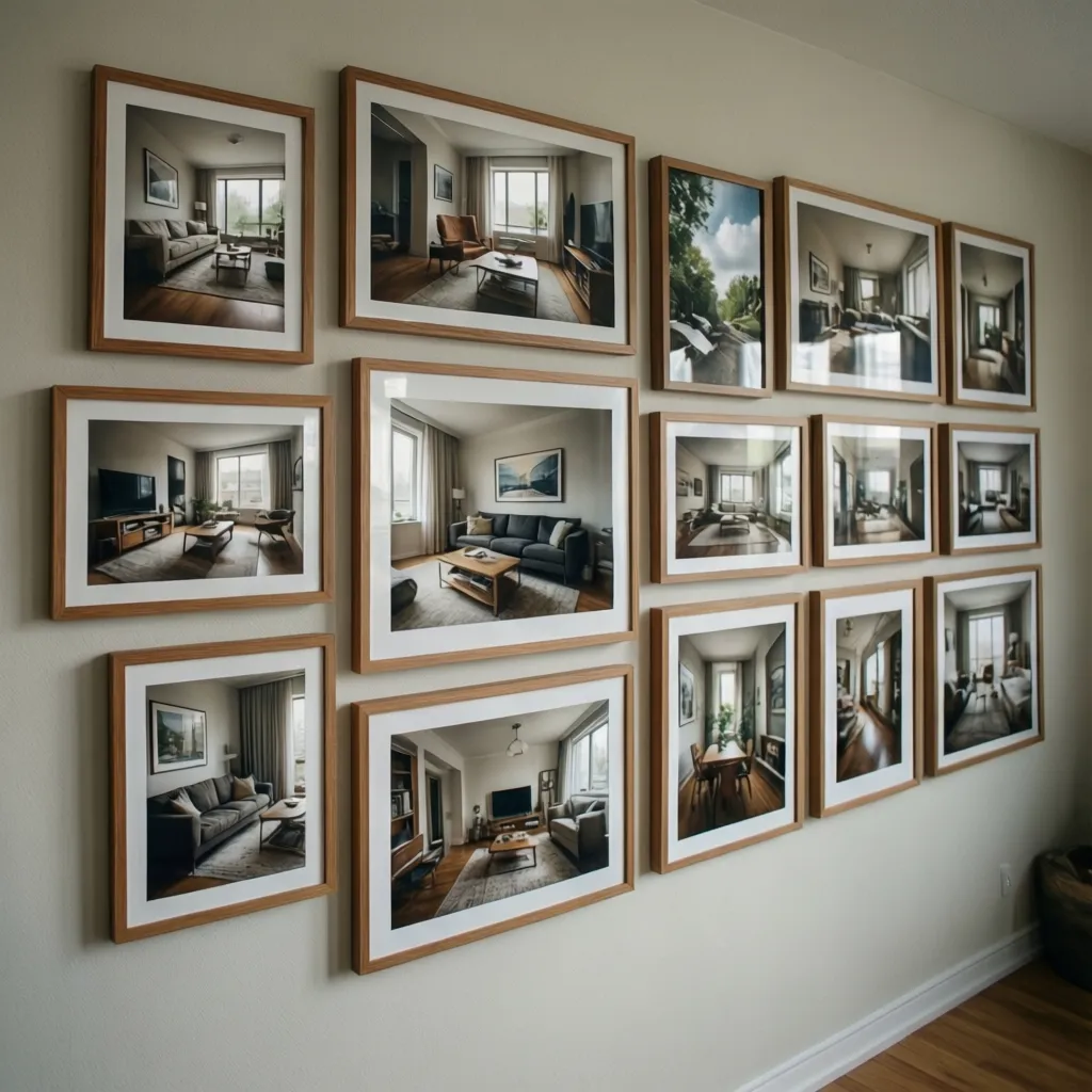 Composición de varias fotos en una pared formando una galería ordenada