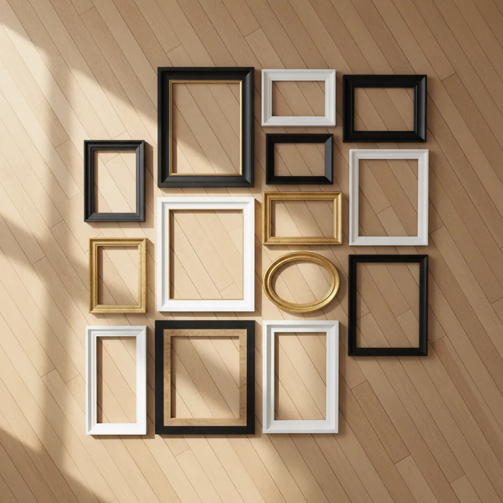 Picture frames arranged on the floor while planning a gallery wall layout