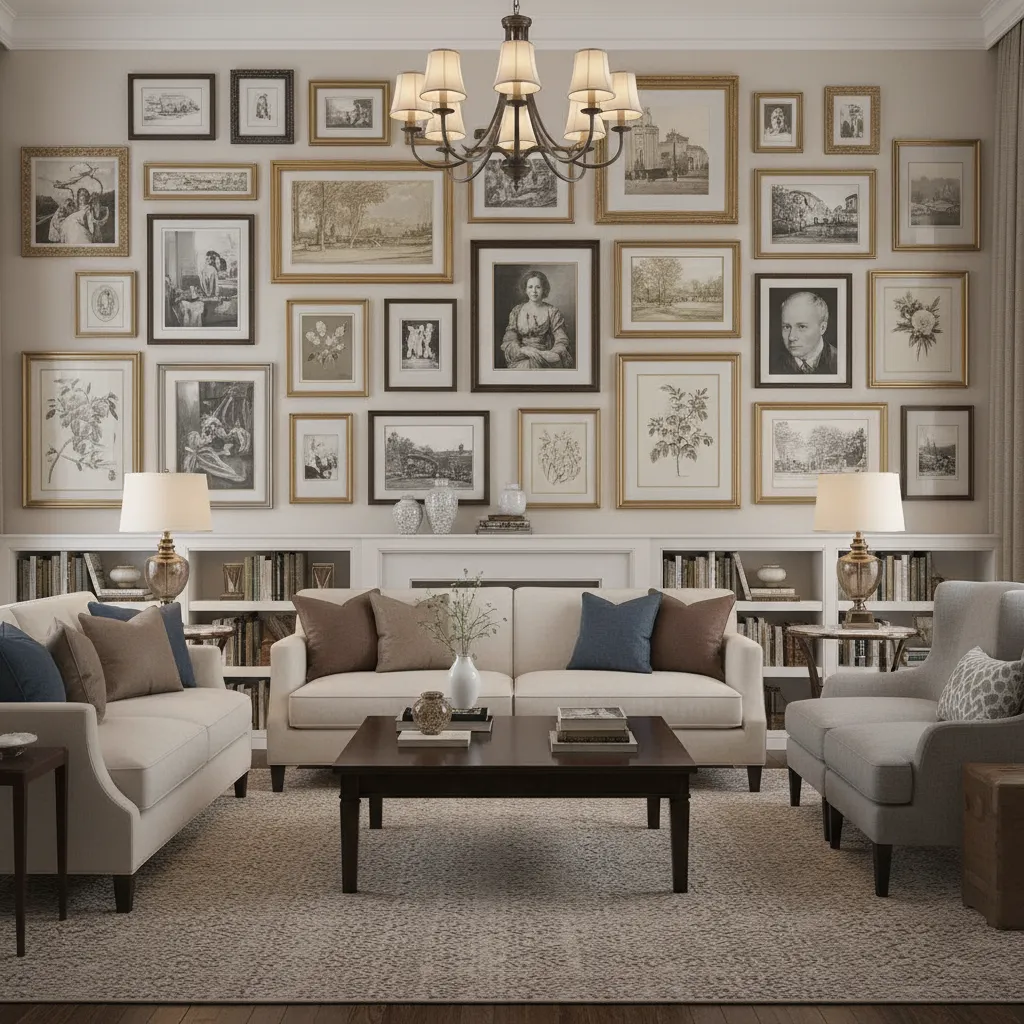 Salon style gallery wall with varied frame sizes arranged organically