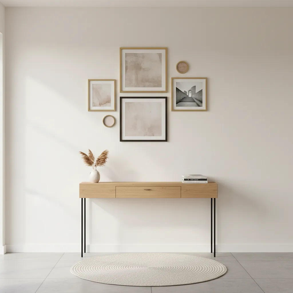 Small wall gallery arrangement with tightly grouped frames above a console table