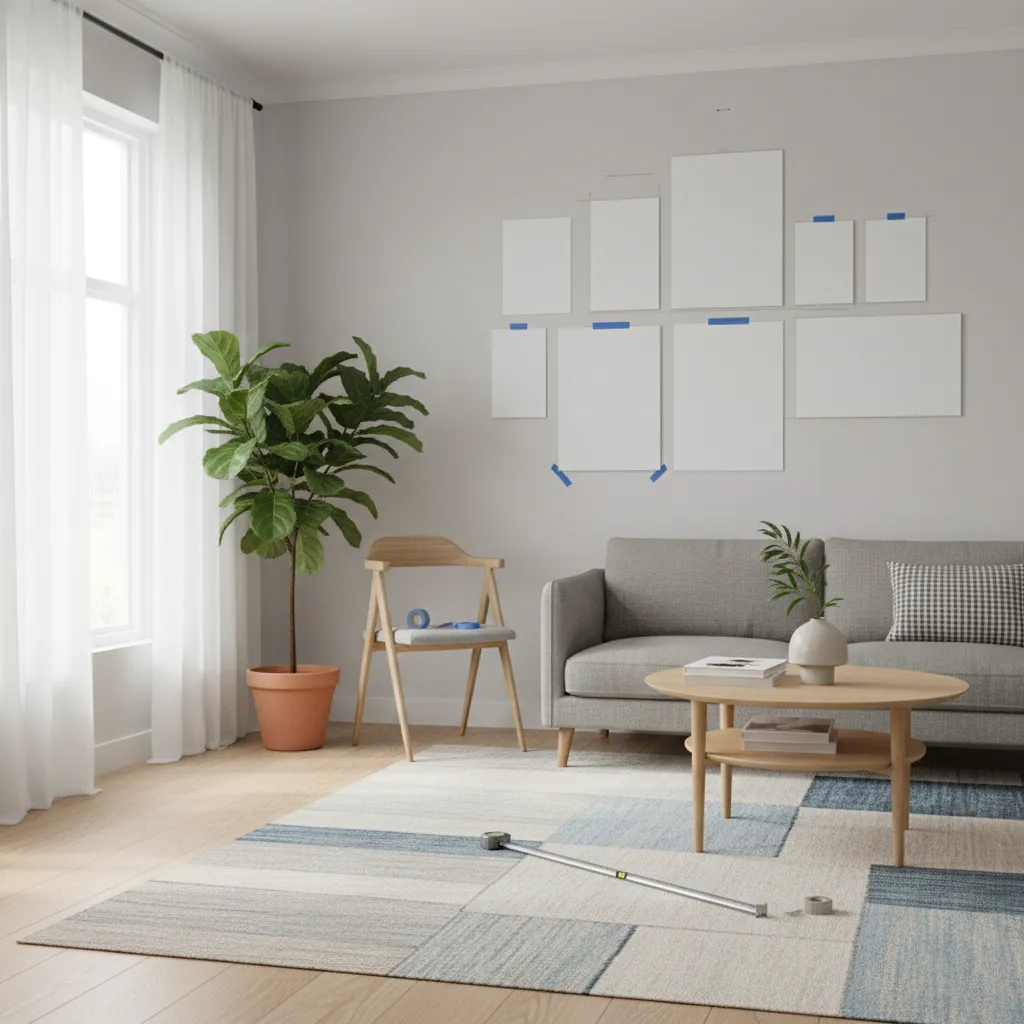 Gallery wall spacing adjustment using paper templates