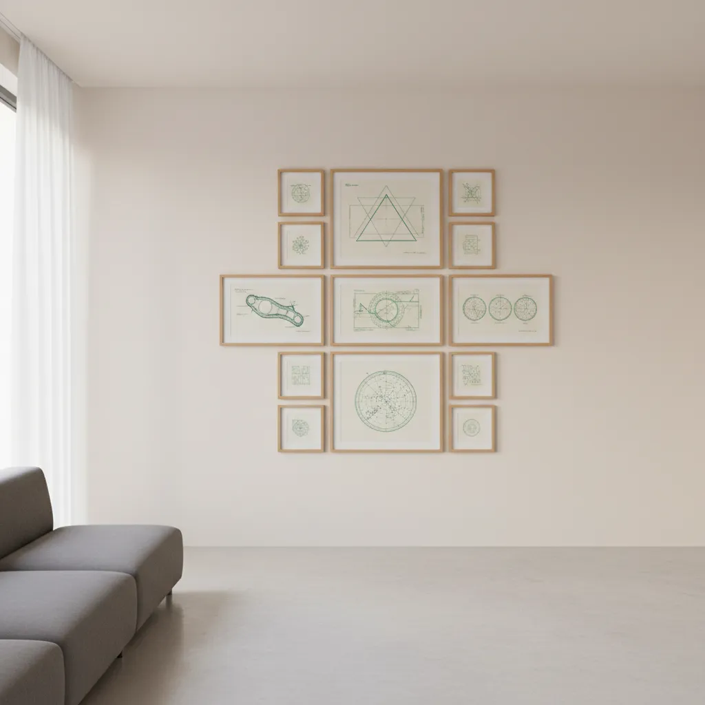 Gallery wall showing consistent spacing between frames of different sizes