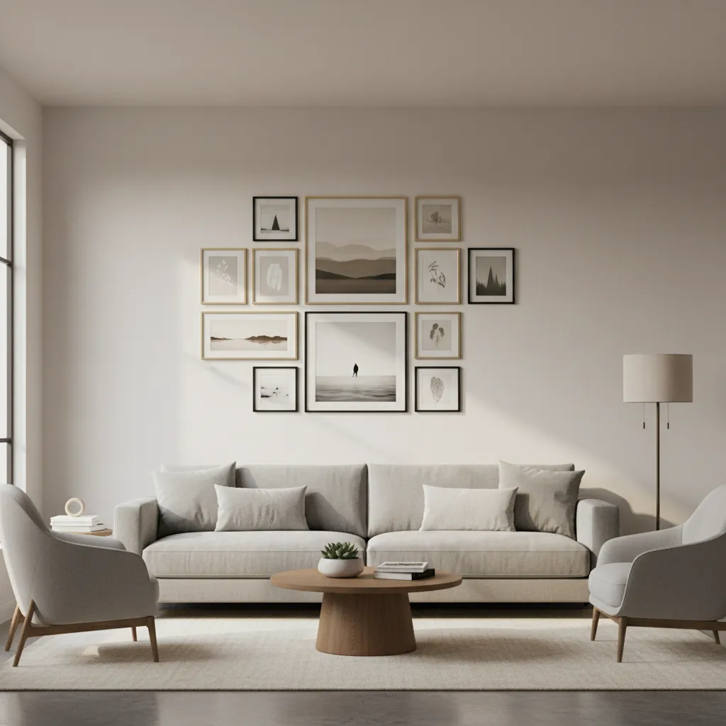 Living room gallery wall with evenly spaced frames above sofa