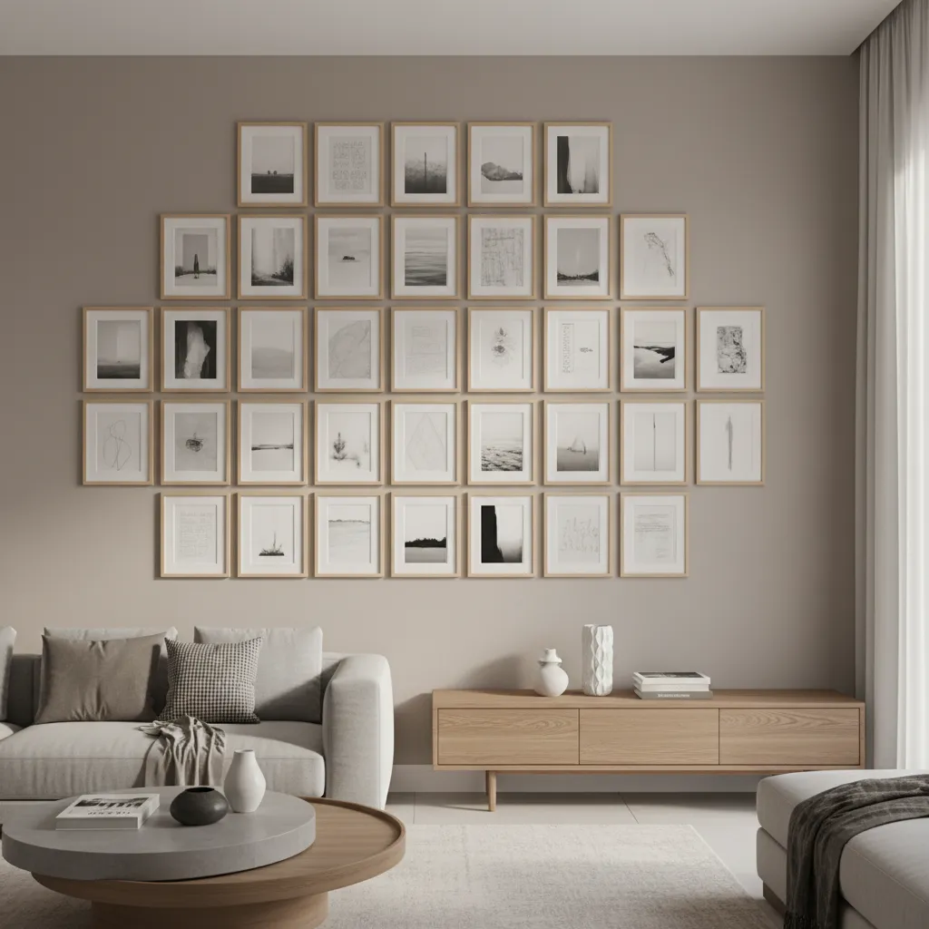 Gallery wall with consistent spacing between picture frames