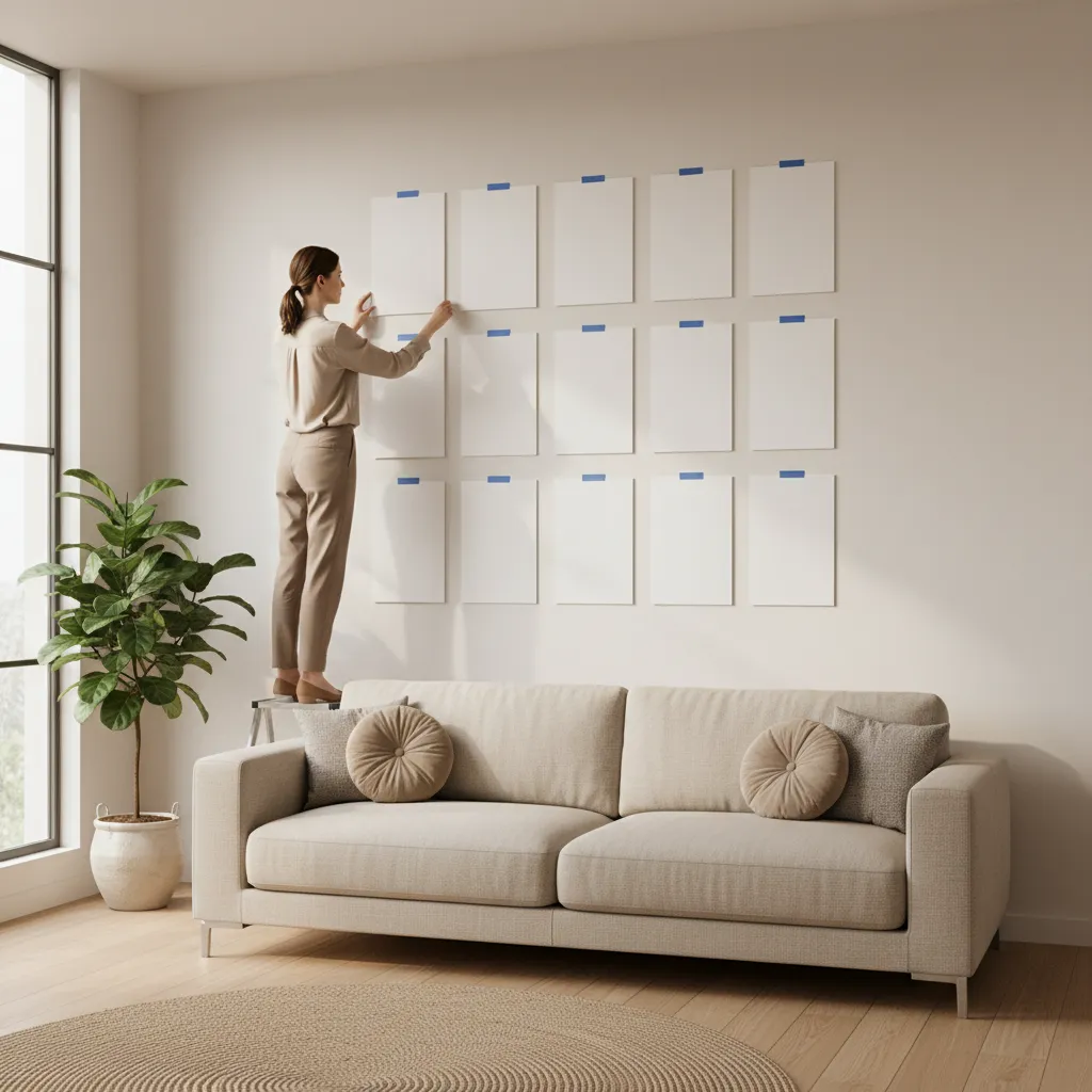 Designer planning 8x10 gallery wall layout with evenly spaced frames