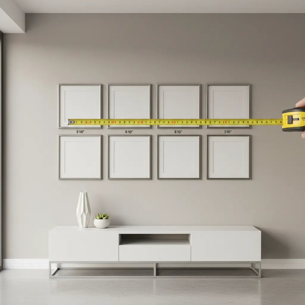Measuring consistent spacing between multiple 8x10 picture frames on wall