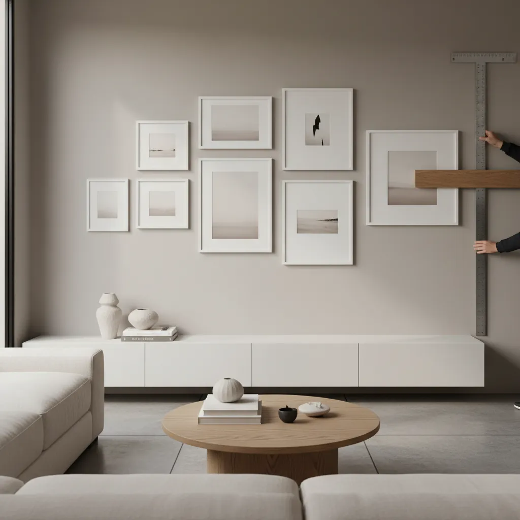 measuring spacing between gallery wall frames using a ruler
