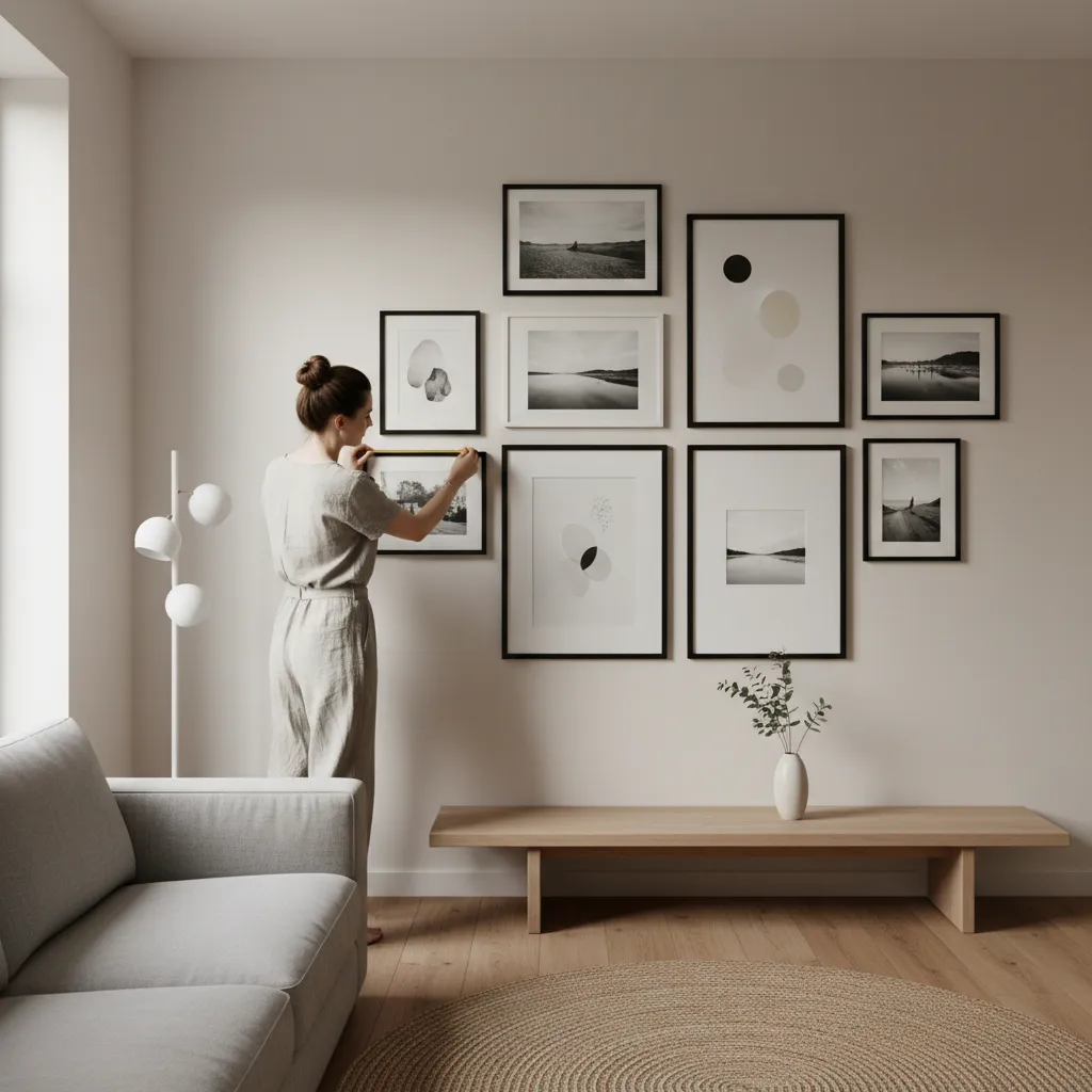 Interior designer measuring spacing between picture frames on a gallery wall