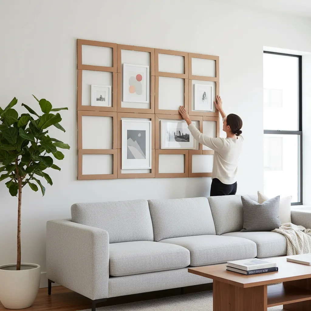 Cardboard spacing template used to keep equal gaps between picture frames