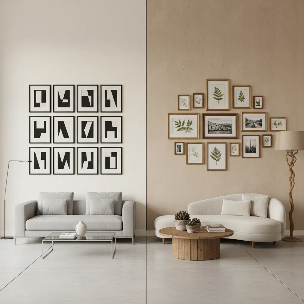 Gallery wall layouts matched with modern and eclectic room styles