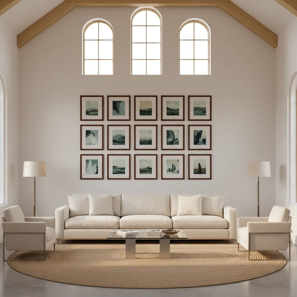 Gallery wall arrangement on a tall vaulted living room wall
