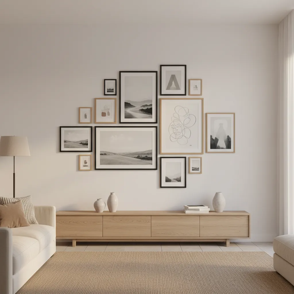 Gallery wall composition demonstrating visual flow across multiple frames