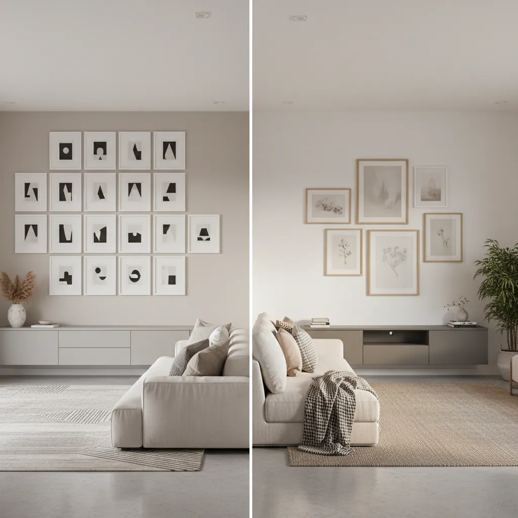 visual comparison of structured grid gallery wall and relaxed row layout