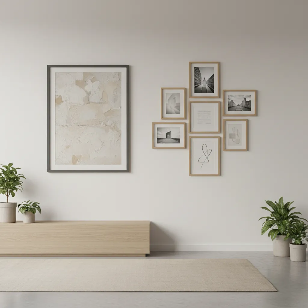 Mixed frame sizes arranged to balance visual weight on a wall