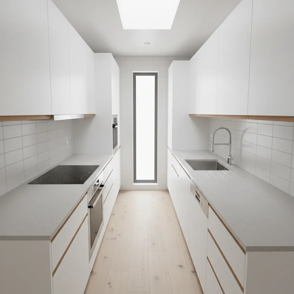 galley kitchen layout with two parallel counters in a 10 x 11 kitchen