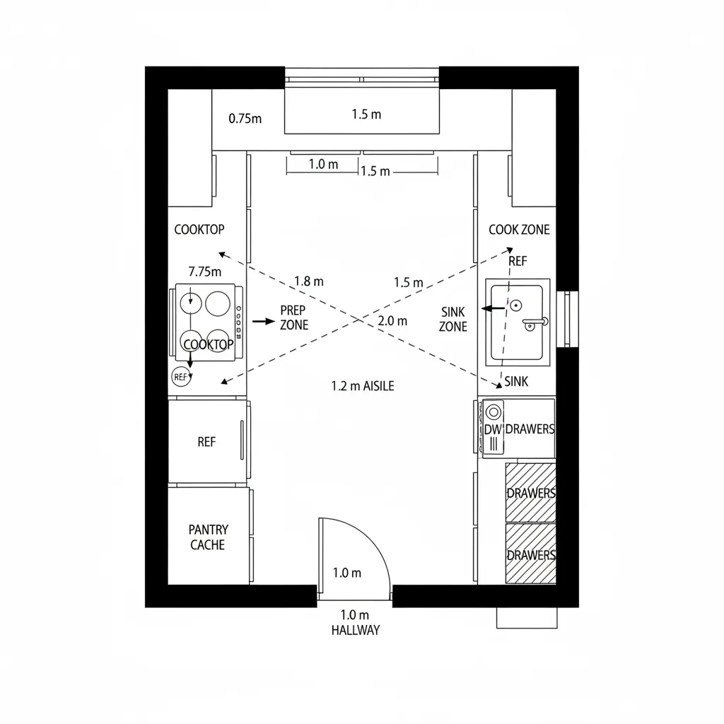 Top-down 2D CAD plan of a 9x12 galley kitchen with parallel runs and end window