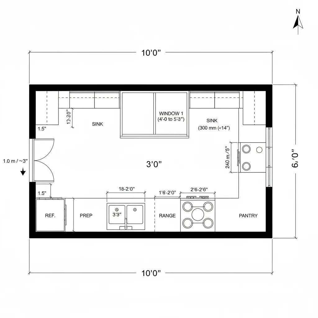 Top-down CAD floor plan of a 10 by 6 foot galley kitchen with 36 inch aisle