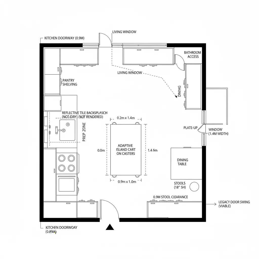 Kitchen layout drawing showing a middle island cart with dining table and various cooking areas