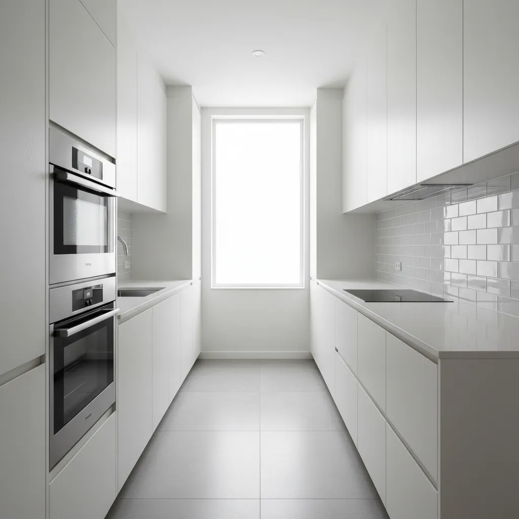 Galley kitchen with backsplash on parallel countertop walls