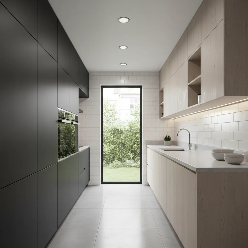 small galley kitchen layout with black cabinets and bright lighting