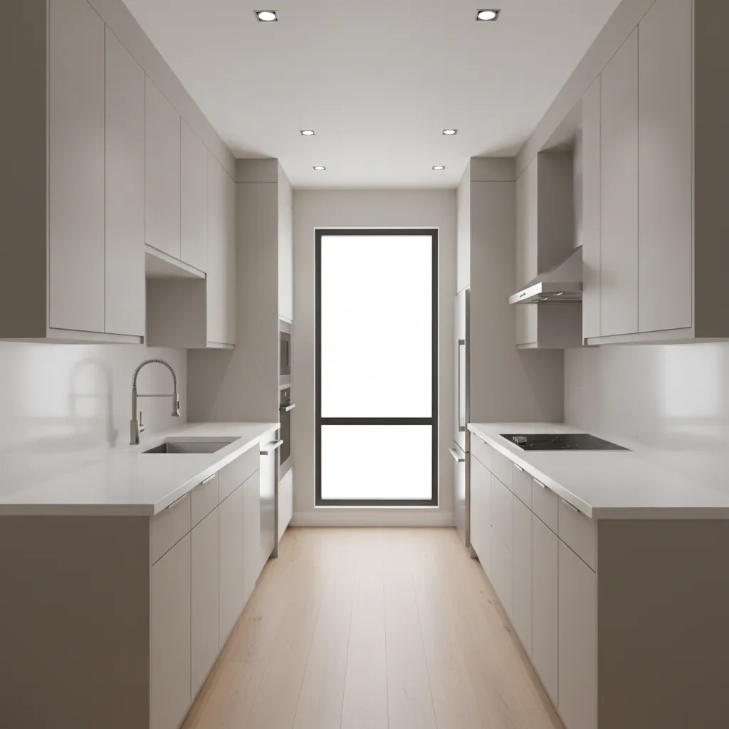 Galley kitchen cabinet layout with storage on both sides