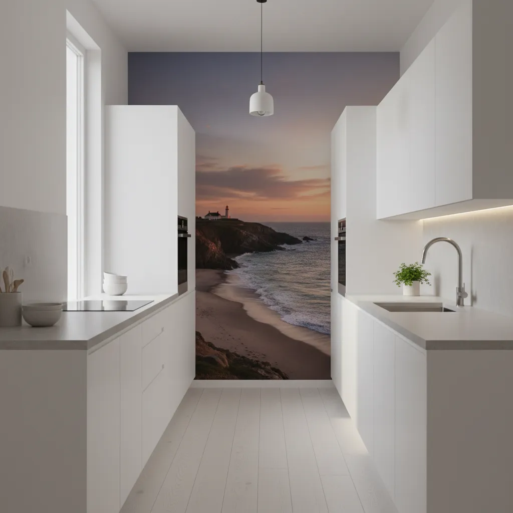 Small galley kitchen with a depth creating mural at the end wall