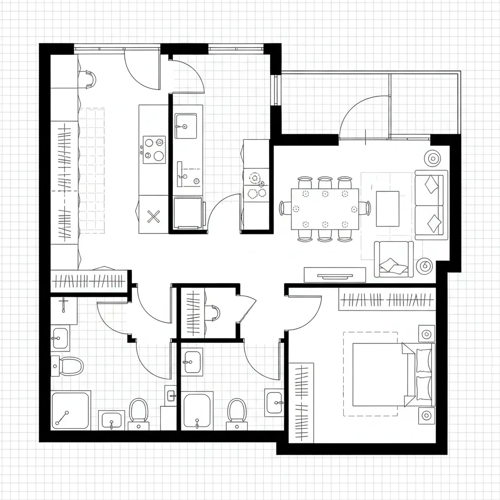 Detailed floor plan design showing kitchen living area bedroom balcony and two bathrooms on grid