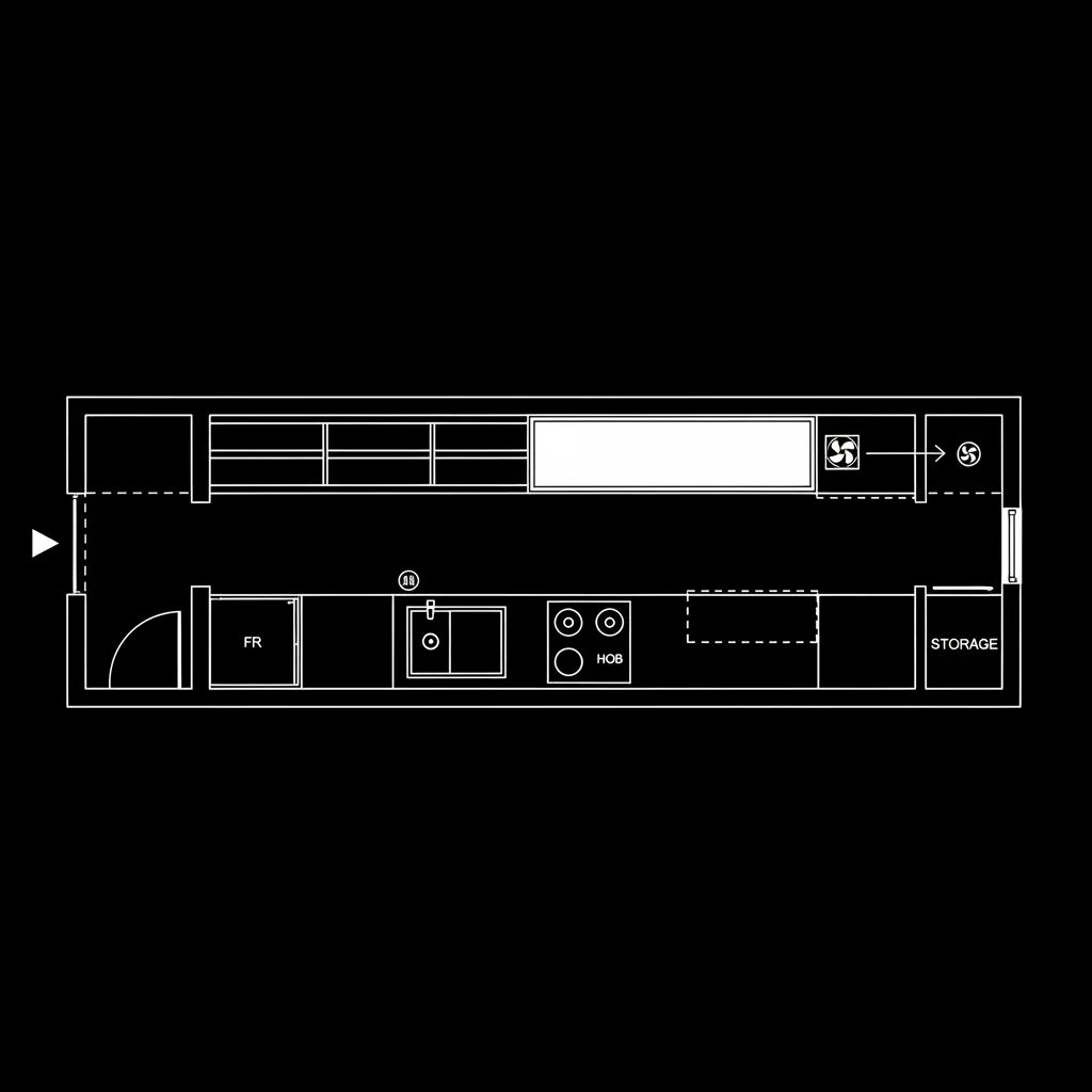 Top-down 2D galley kitchen plan with linear sequence and safe clearances