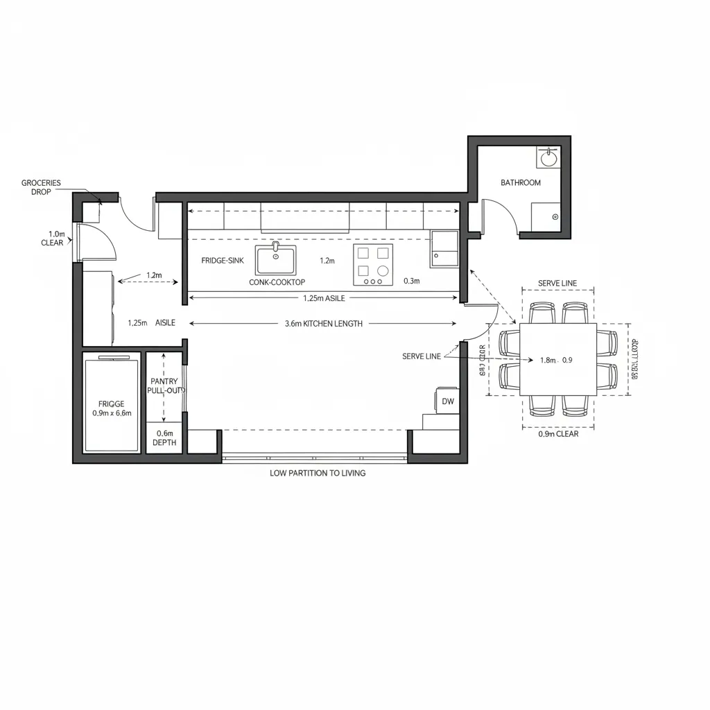 Top-down CAD plan of parallel-counter galley kitchen linked to dining