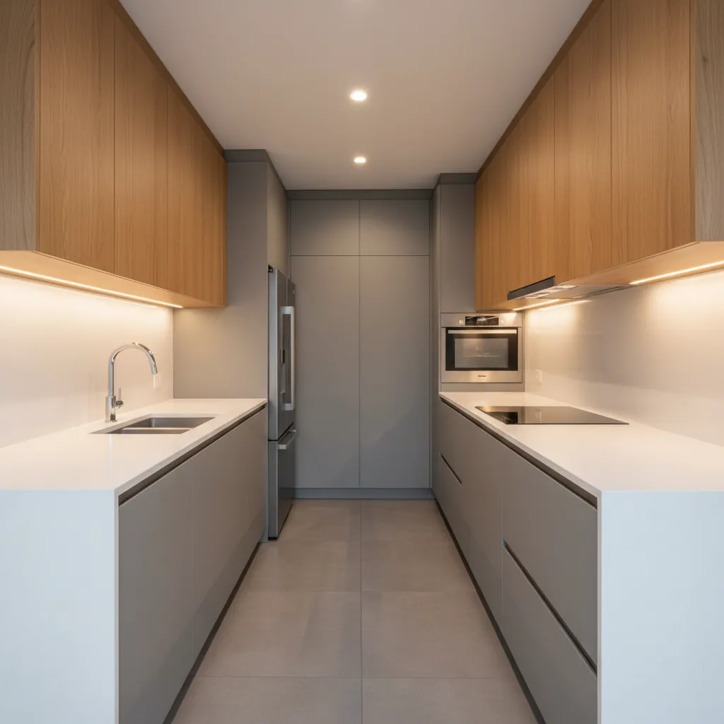 Galley kitchen layout with parallel counters and efficient workflow