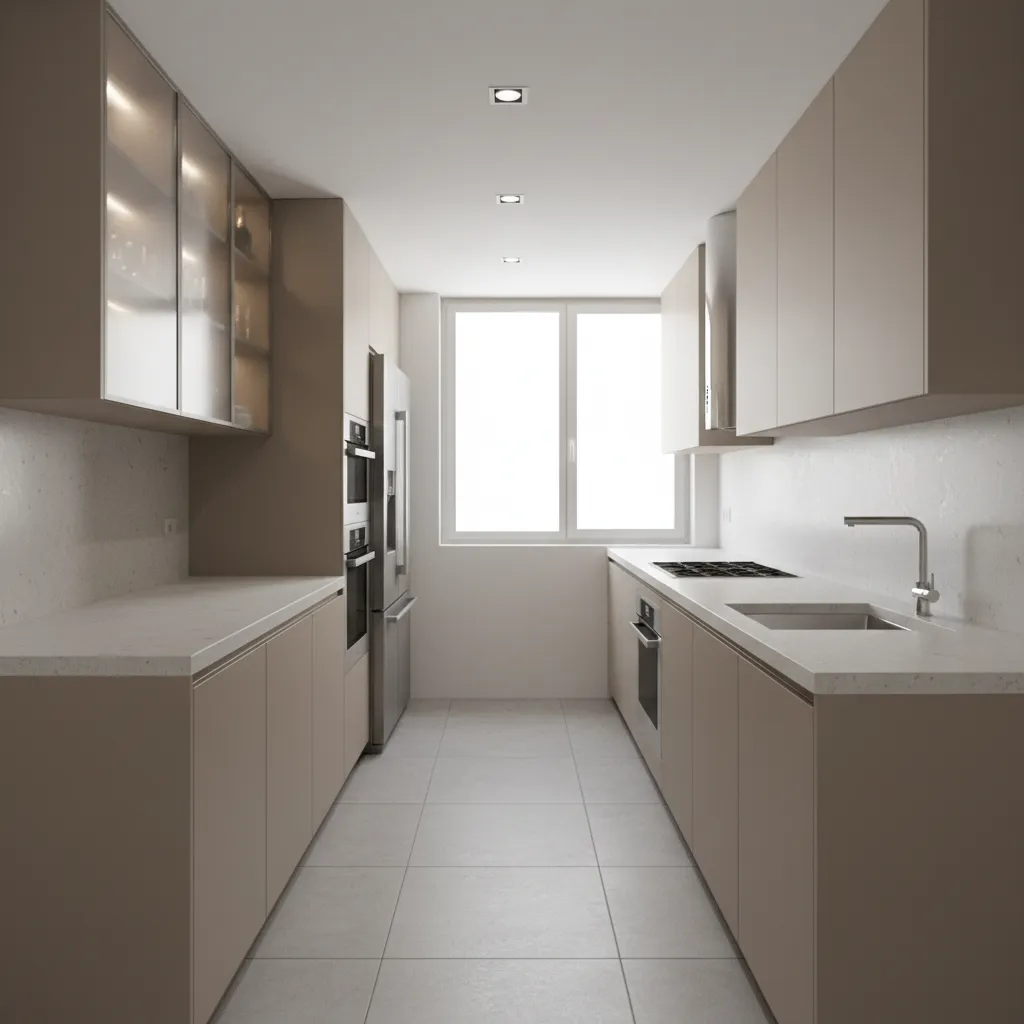 efficient galley kitchen layout with parallel counters and cooking workflow