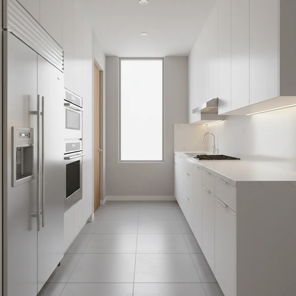 modern galley kitchen layout with aligned appliances and continuous countertop