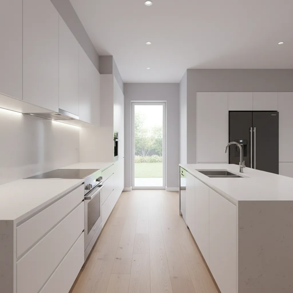 efficient galley kitchen layout with parallel counters and central walkway