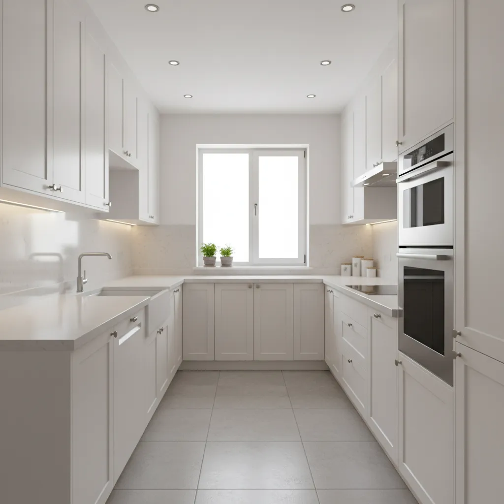 White U-shaped kitchen with white cabinets marble countertops large window ceiling lights and built-in ovens