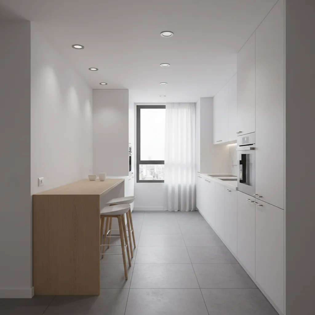 Galley kitchen apartment layout with a slim rectangular dining table