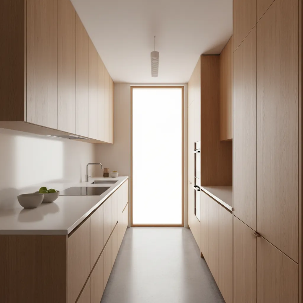 Cocina tipo galley en una vivienda estrecha