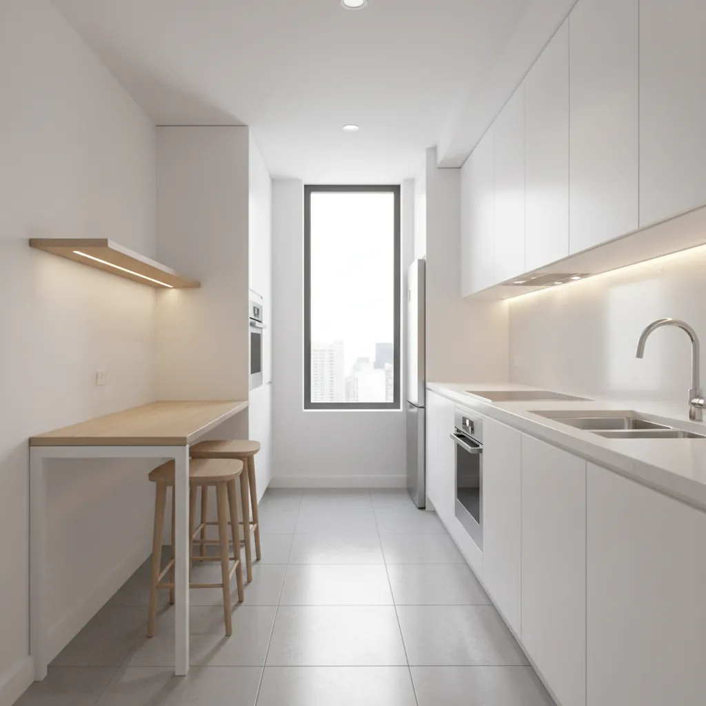 galley kitchen layout with a slim narrow dining table along one wall