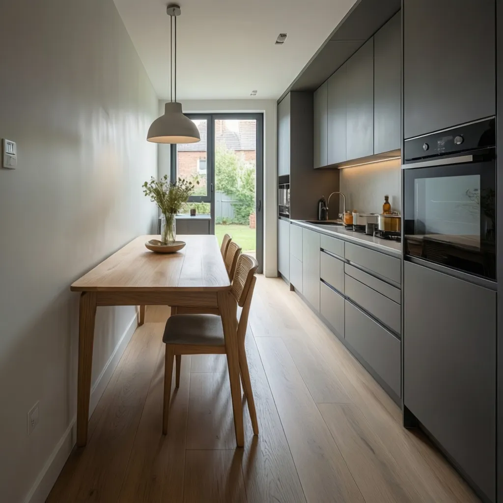 galley kitchen with narrow table positioned against wall to maintain walking path