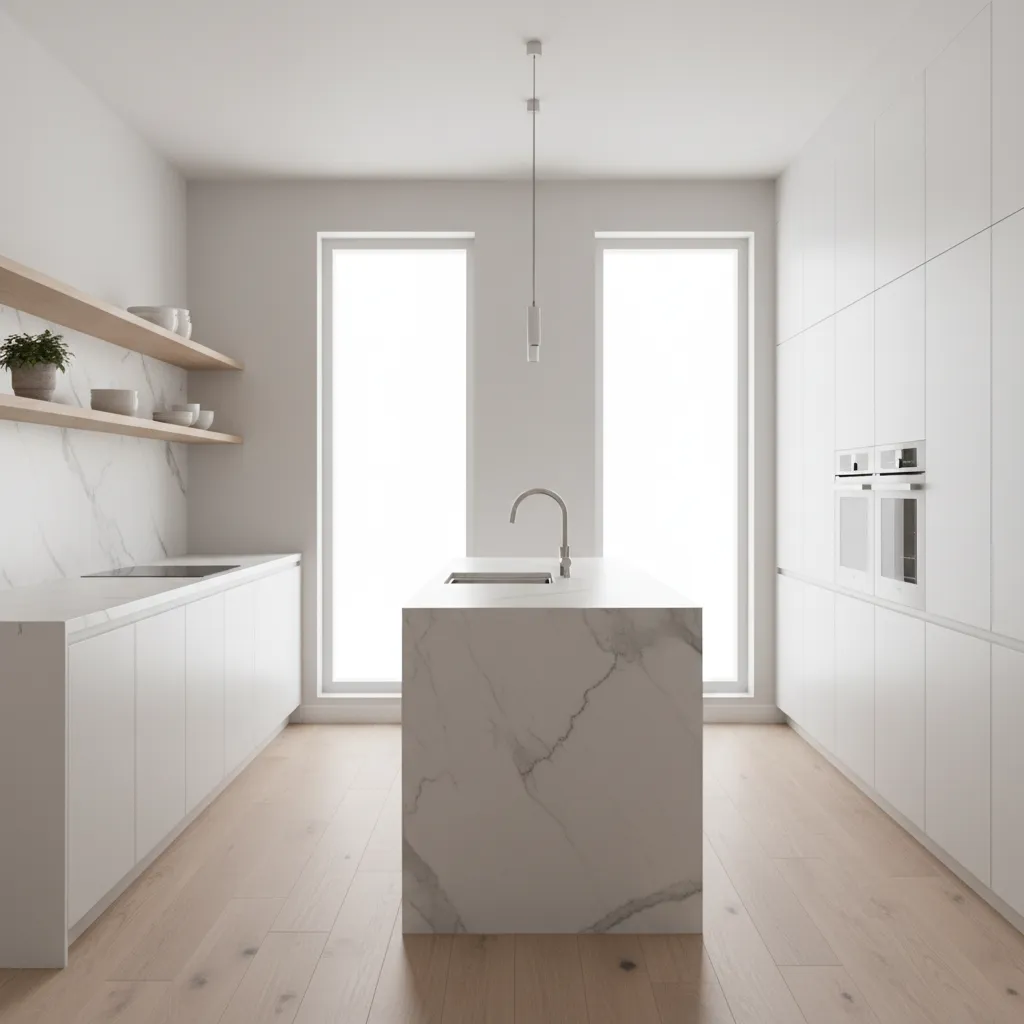 small galley kitchen with open shelving and bright cabinets creating wider feeling
