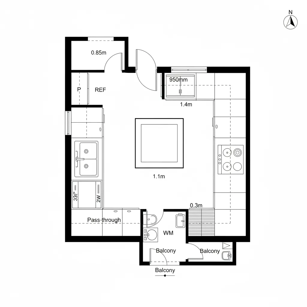 Top down kitchen floor plan layout with a central island and access to a small balcony