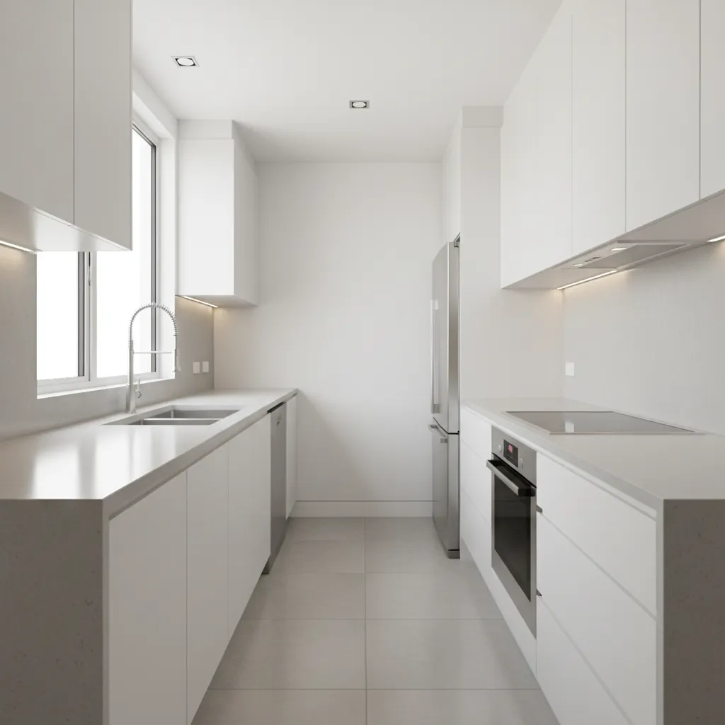 Efficient galley kitchen layout with parallel counters