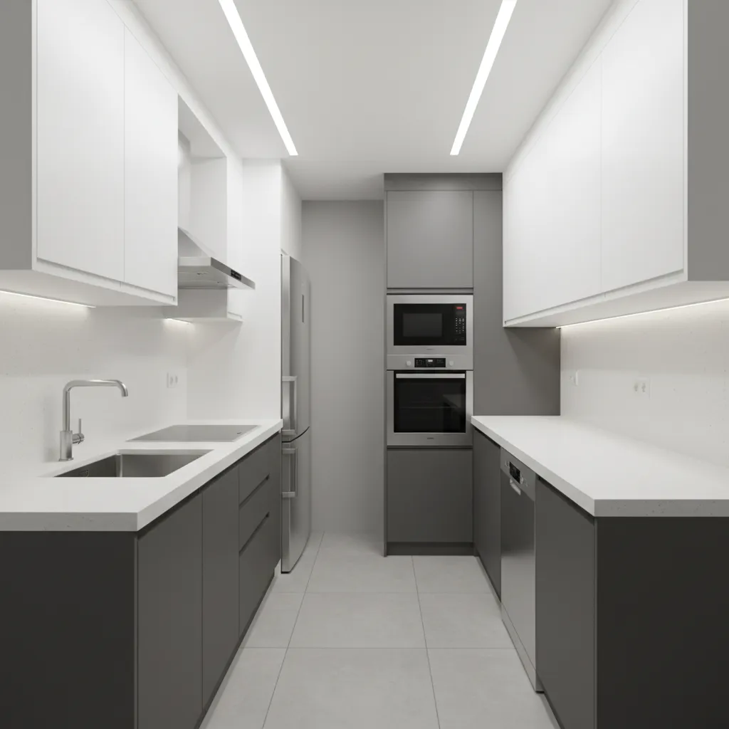 galley kitchen layout with two parallel counters in small kitchen