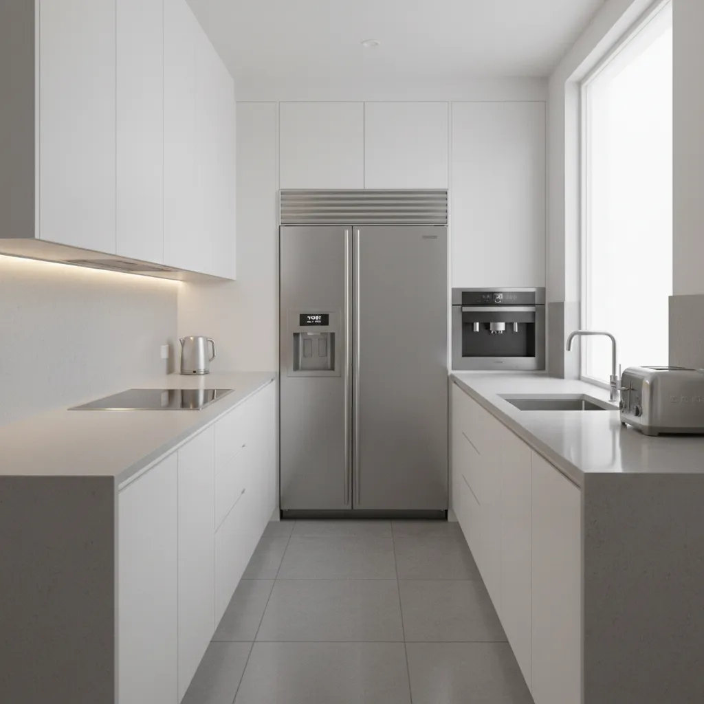 Narrow galley kitchen layout optimized for small space efficiency