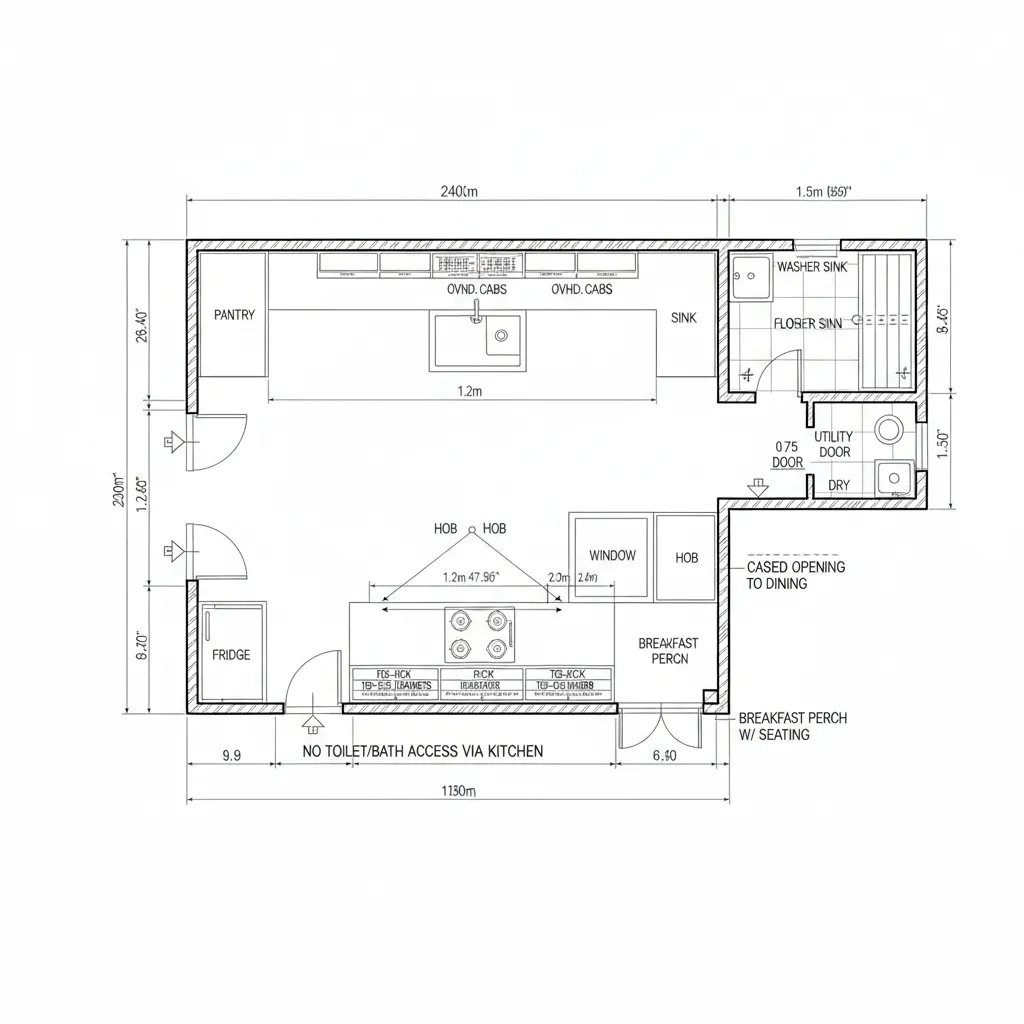 Kitchen floor plan drawing showing a long room layout with cabinets sink and utility area