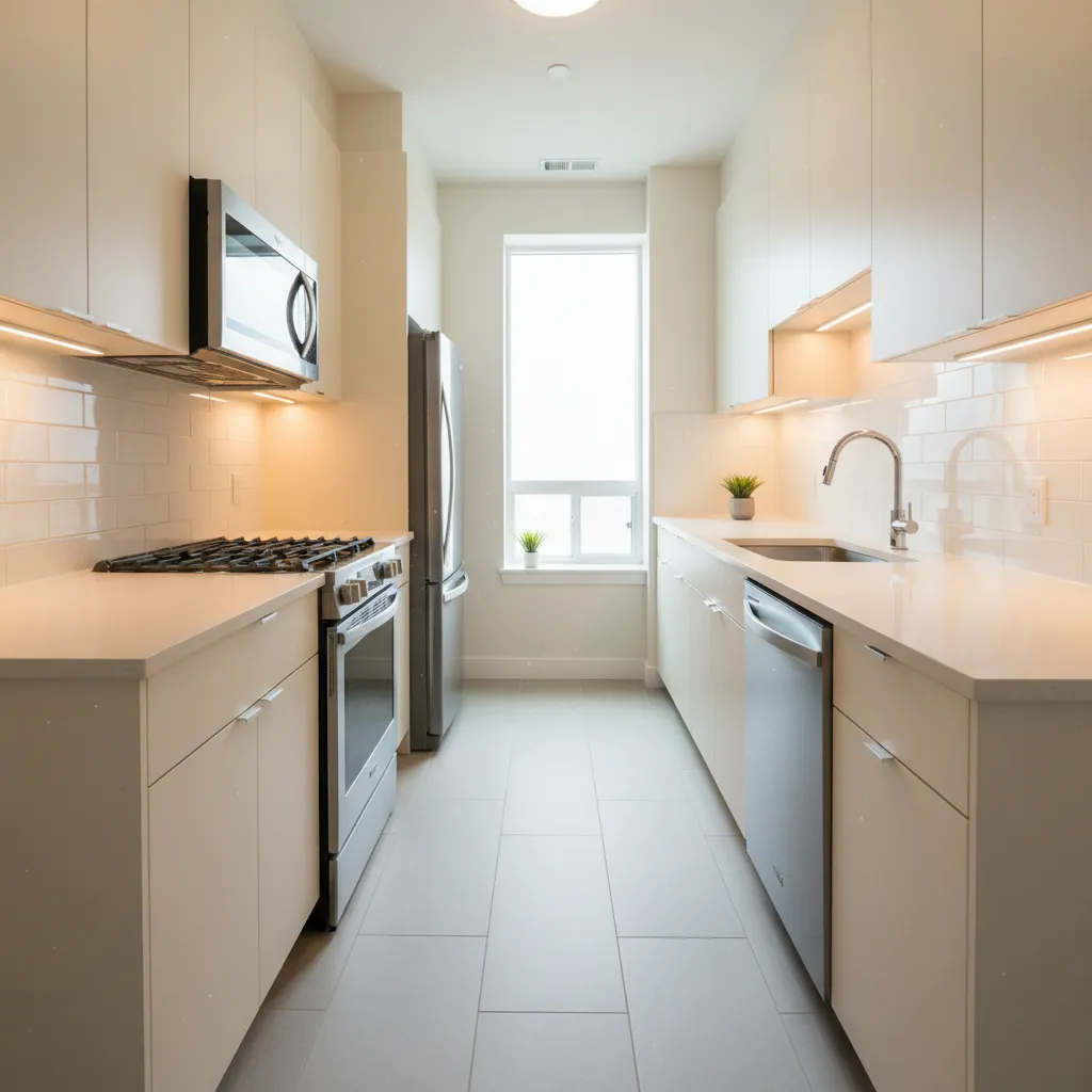 Galley style small kitchen with efficient storage and lighting
