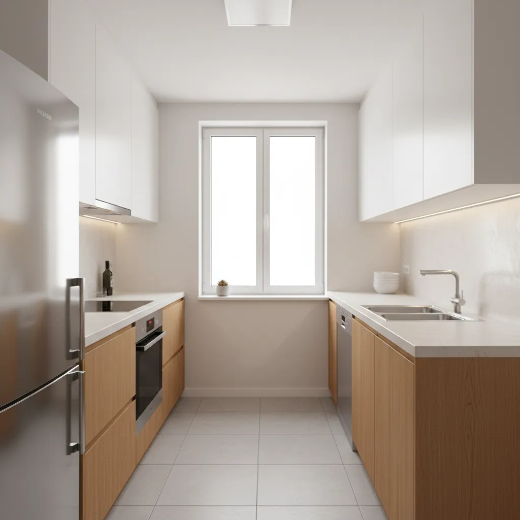 Efficient galley layout small kitchen with parallel counters
