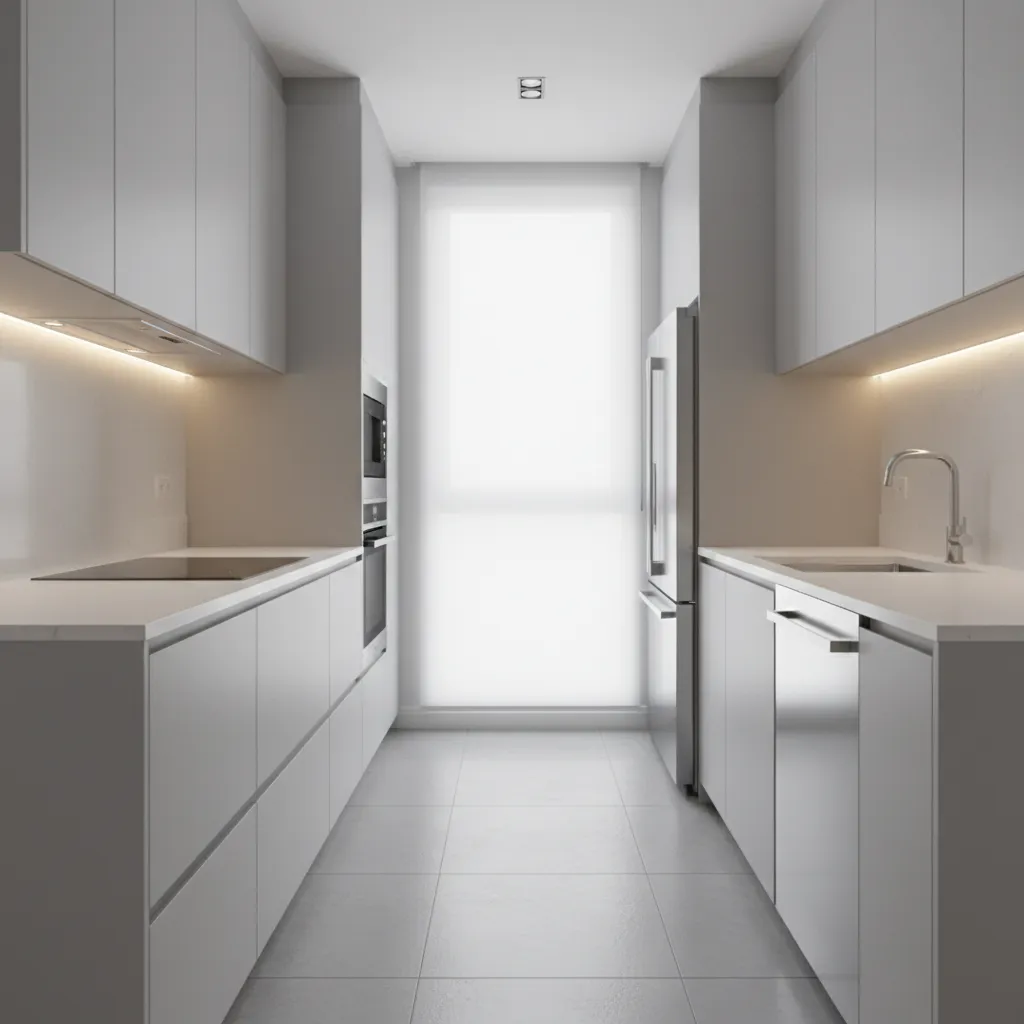 Compact galley kitchen layout with narrow walkway and efficient workflow